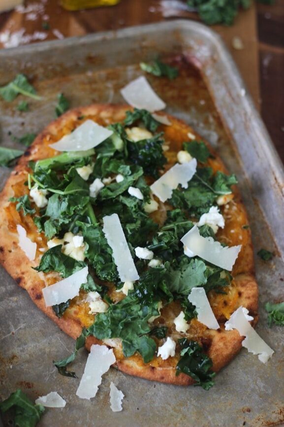 Butternut Squash and Kale Naan Pizzas with Pancetta and Goat Cheese