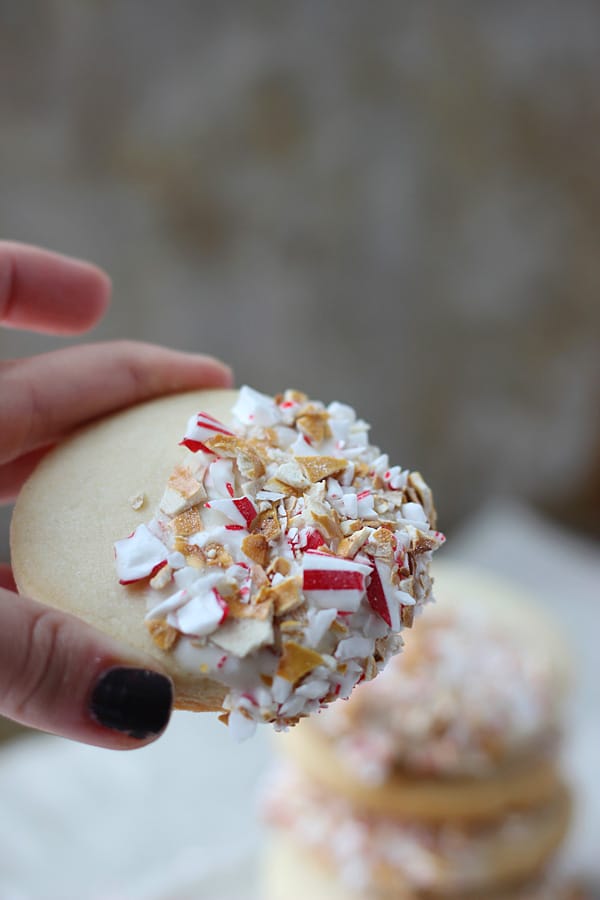 Almond Shortbread Cookies Dipped in White Chocolate, Pretzels and Peppermints 5