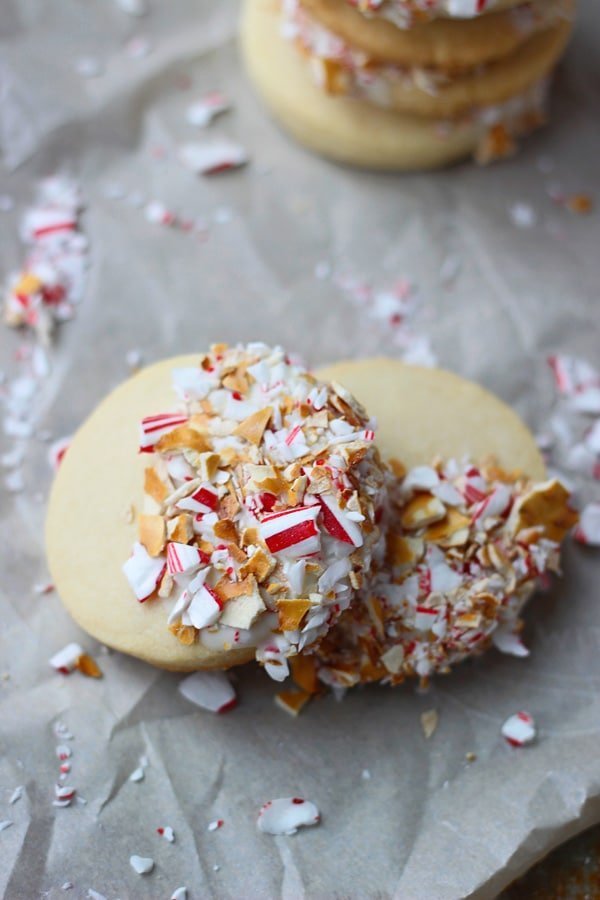 Almond Shortbread Cookies Dipped in White Chocolate, Pretzels and Peppermints 6