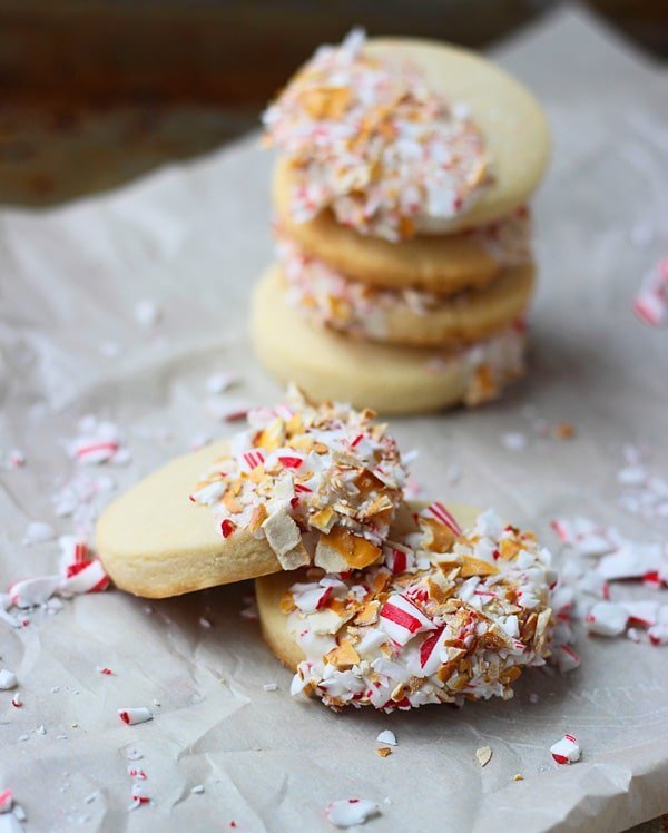 Almond Shortbread Cookies Dipped in White Chocolate, Pretzels and Peppermints