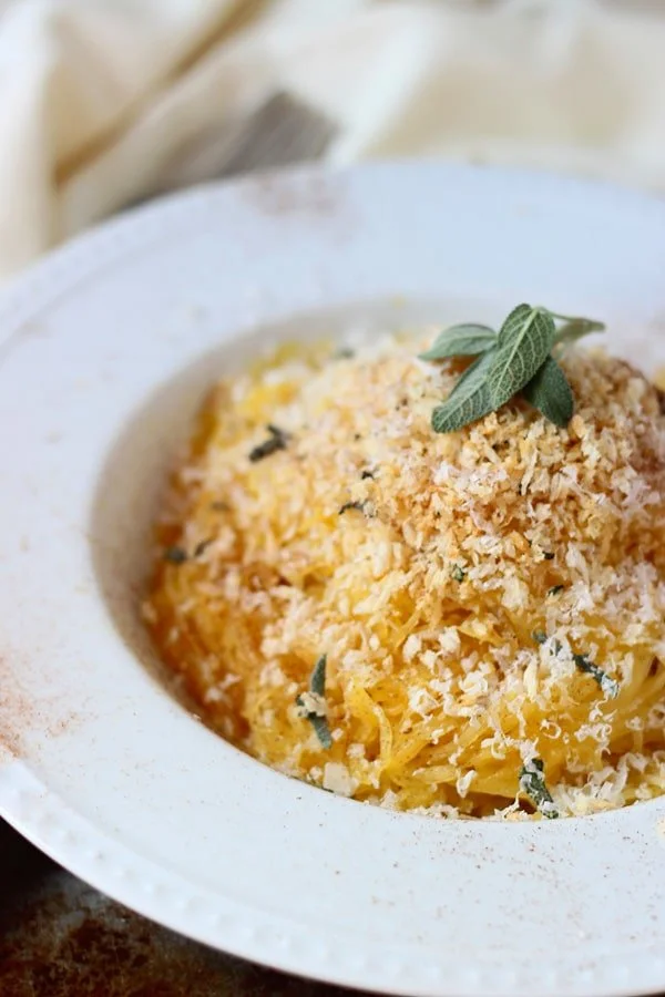 Cinnamon and Pumpkin Spaghetti Squash Carbonara with Parmesan Sage Breadcrumbs