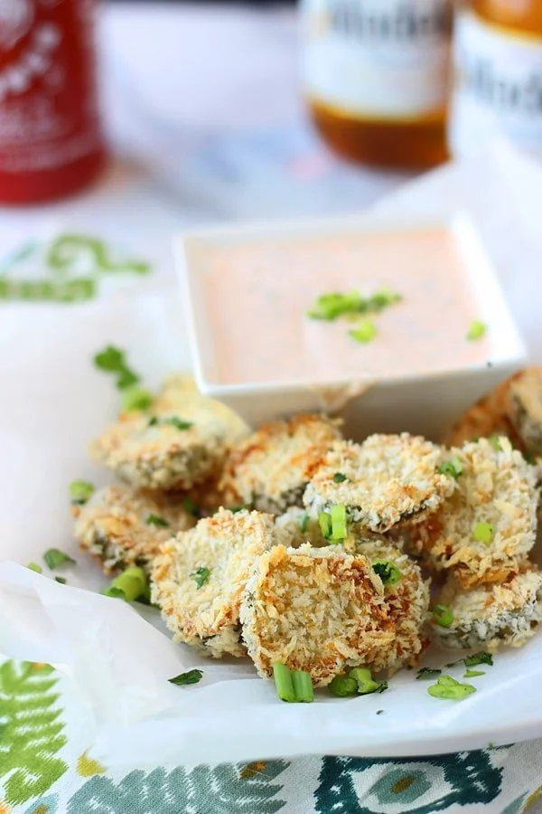 Baked Fried Pickles with Homemade Sirracha Ranch