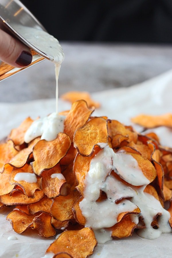 Baked Sweet Potato Chips with Blue Cheese Sauce and Bacon11
