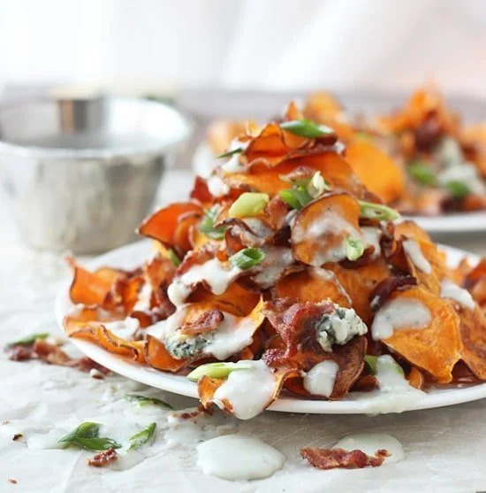 Baked Sweet Potato Chips with Blue Cheese Sauce and BaconPS1