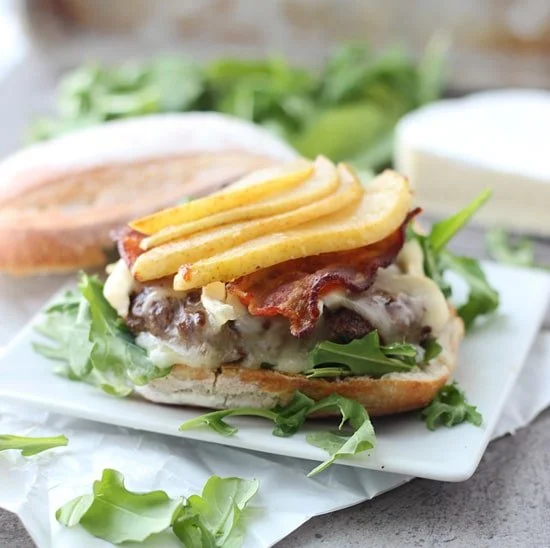 Bison Burgers with Brie, Bacon and Carmelized Pears PS1