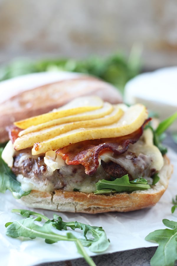 Bison Burgers with Brie, Bacon and Carmelized Pears