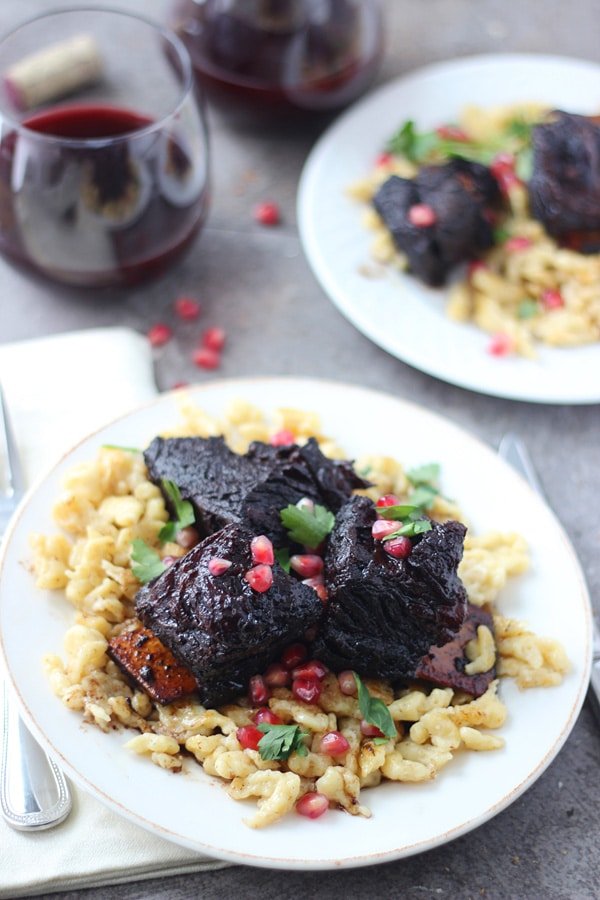 Pomegranate Braised Beef Short Ribs with Brown Butter Spaetzel 