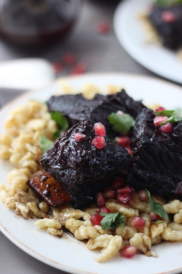 Pomegranate Braised Beef Short Ribs with Brown Butter Spaetzel 