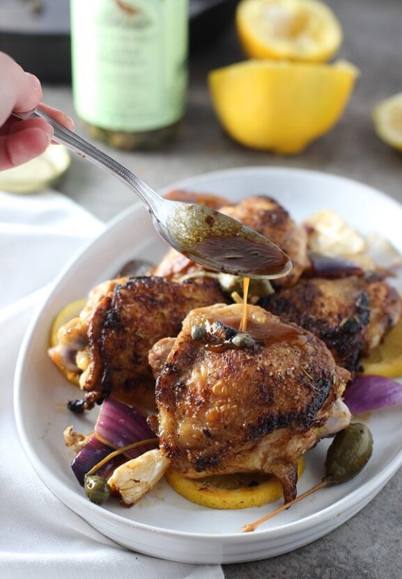 Pan Roasted Chicken with Lemon Caper Berries and Roasted Garlic
