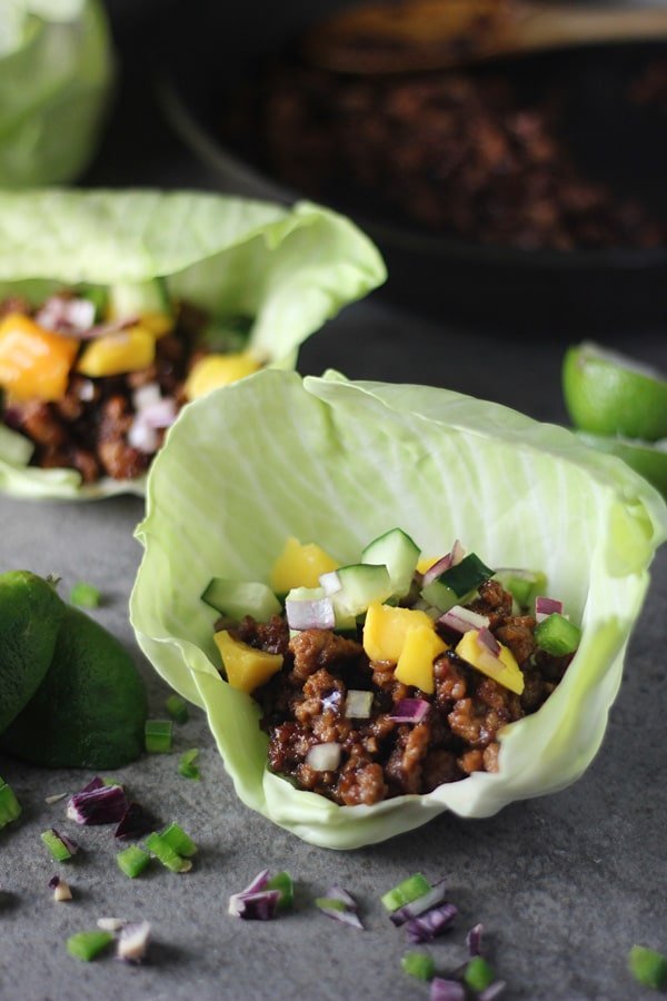 Hoisin Lime Pork Lettuce Wraps with a Cucumber Mango Salsa via cookingforkeeps.com