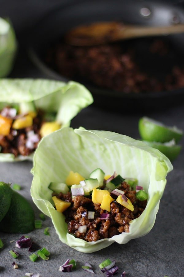 Hoisin Lime Pork Lettuce Wraps with a Cucumber Mango Salsa via cookingforkeeps.com