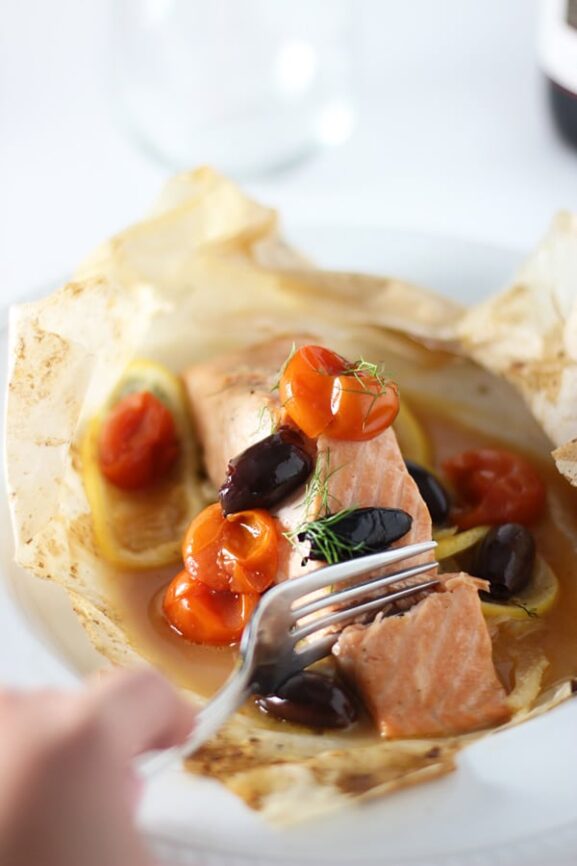 Salmon en Papillote with Cherry Tomatoes, Fennel and Kalamata Olives