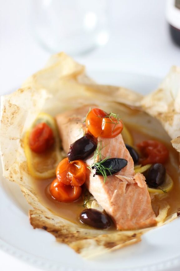 Salmon en Papillote with Cherry Tomatoes, Fennel and Kalamata Olives