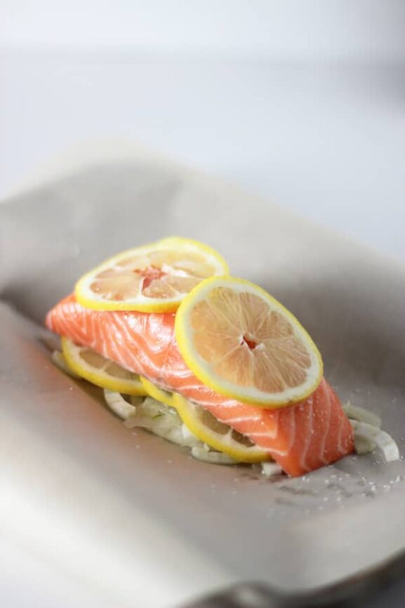 Salmon en Papillote with Cherry Tomatoes, Fennel and Kalamata Olives