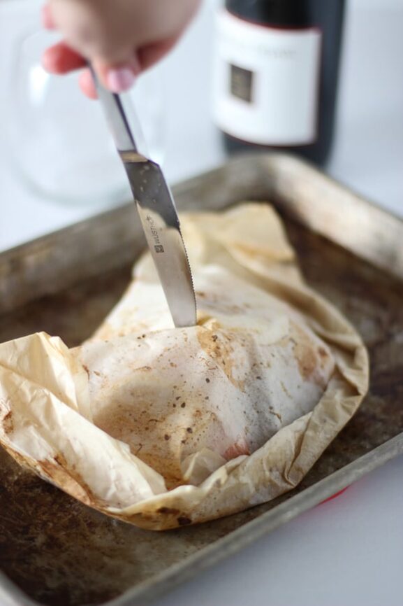 Salmon en Papillote with Cherry Tomatoes, Fennel and Kalamata Olives