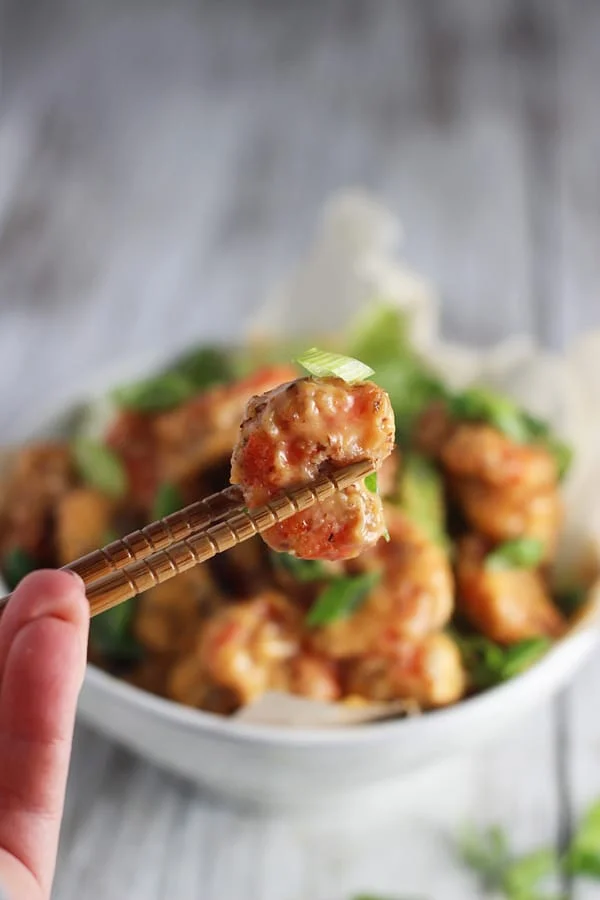 Skinny Bang Bang Shrimp with Homemade Sweet Chili Sauce via cookingforkeeps.com