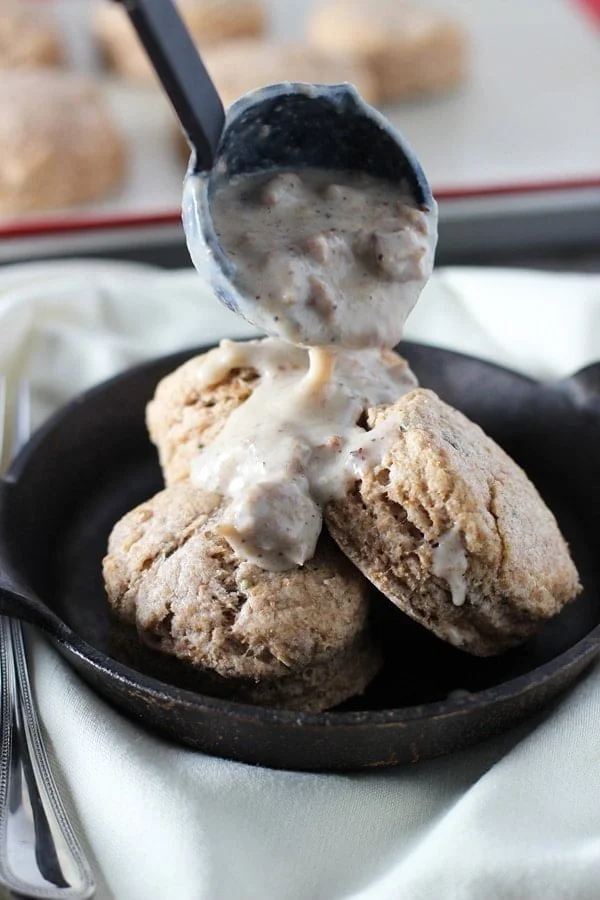 Skinny Biscuits and Gravy with Whole-Wheat Sage Biscuits via cookingforkeeps.com