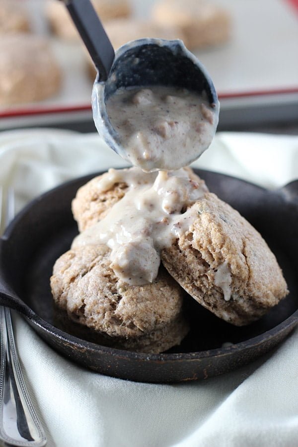 Skinny Biscuits and Gravy with Whole-Wheat Sage Biscuits via cookingforkeeps.com