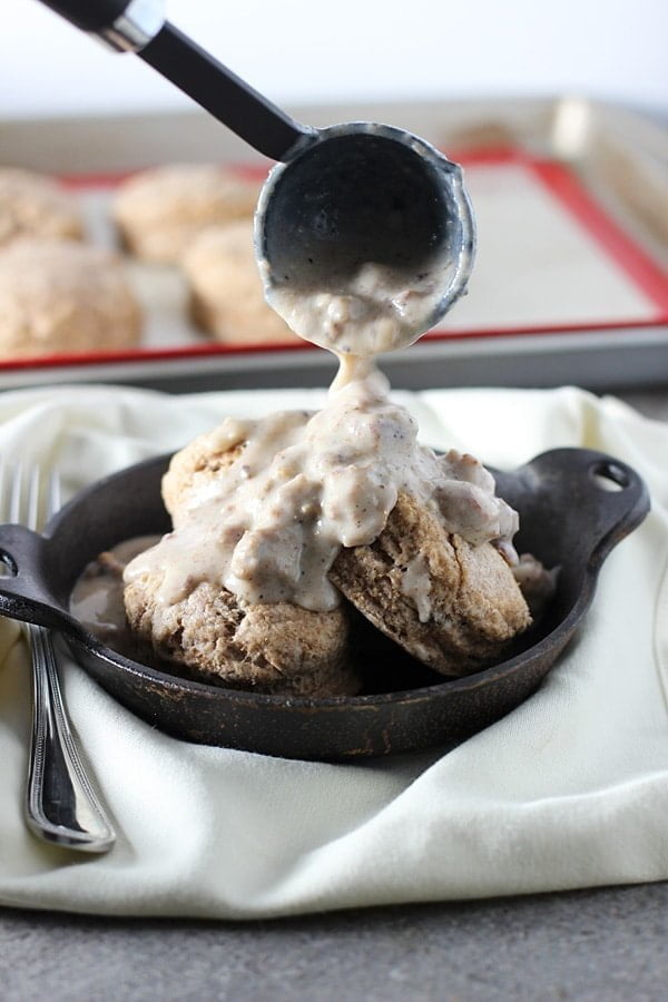Skinny Biscuits and Gravy Whole-Wheat Sage Biscuits via cookingforkeeps.com