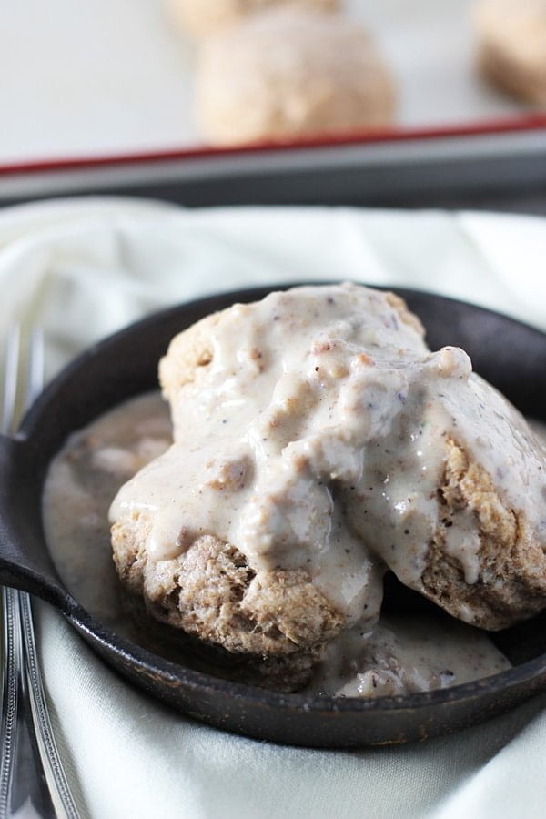 Skinny Biscuits and Gravy with Whole-Wheat Sage Biscuits via cookingforkeeps.com