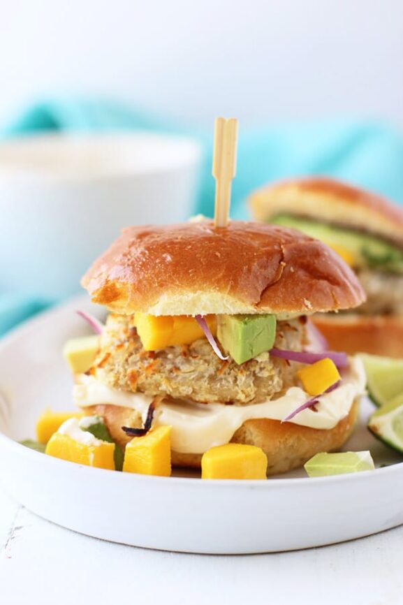 Coconut Crusted Mahi Mahi Sliders with Avocado, Mango and Lime Aioli