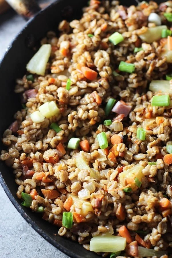 Pineapple &amp; Ham Farro Fried Rice via cookingforkeeps.com