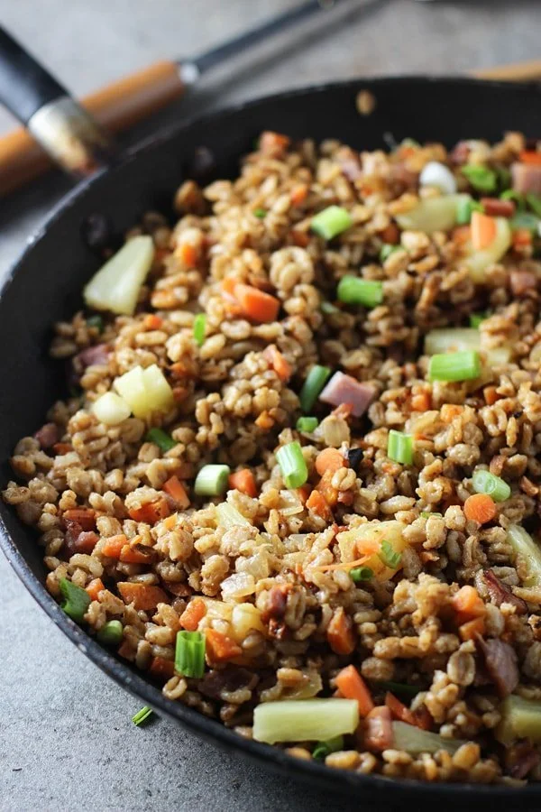 Pineapple &amp; Ham Farro Fried Rice via cookingforkeeps.com