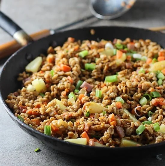 Pineapple &amp; Ham Farro Fried Rice via cookingforkeeps.com