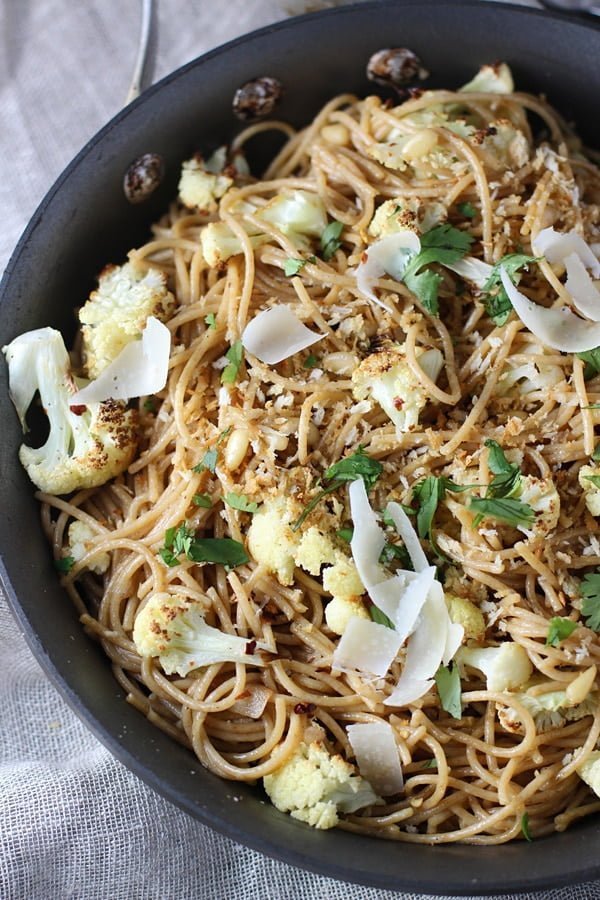 Spicy Whole-Wheat Spaghetti with Roasted Cauliflower, Brown Butter and Garlic via cookingforkeeps.com