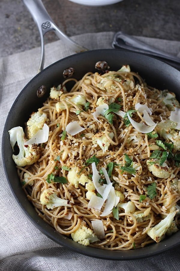 Spicy Whole-Wheat Spaghetti with Roasted Cauliflower, Brown Butter and Garlic via cookingforkeeps.com