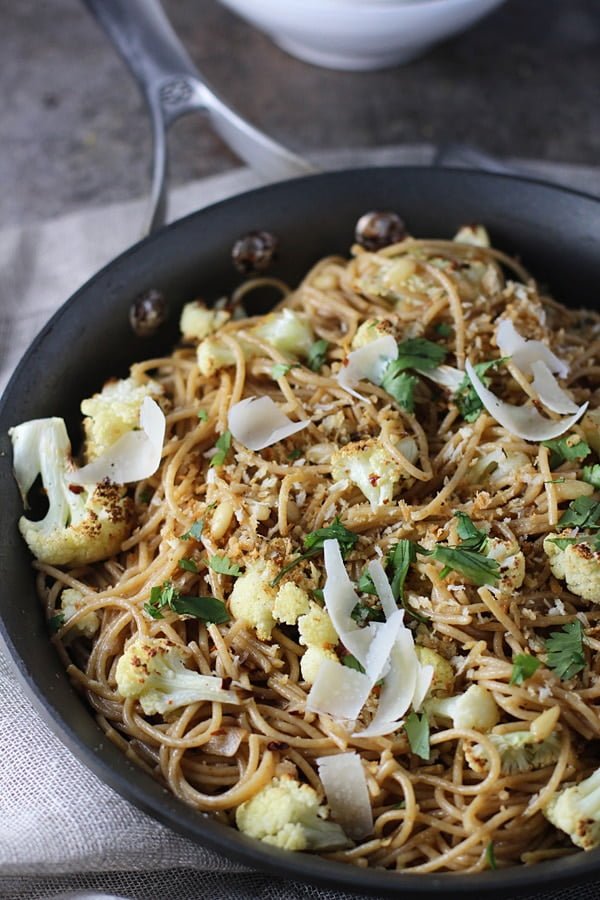 Spicy Whole-Wheat Spaghetti with Roasted Cauliflower, Brown Butter and Garlic via cookingforkeeps.com
