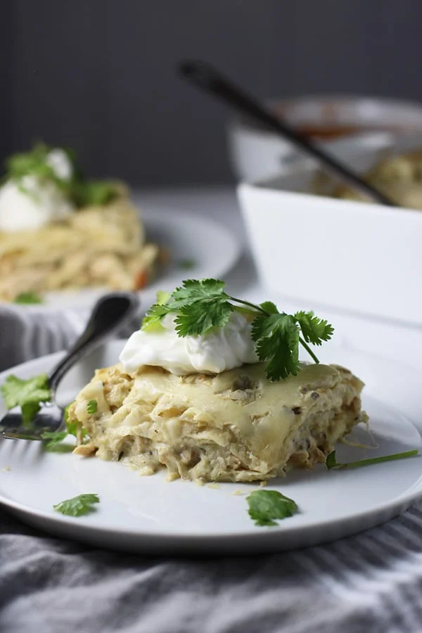 Five Ingedient Verde Chicken Enchilada Stacks via cookingforkeeps.com