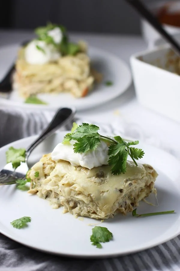 Five Ingedient Verde Chicken Enchilada Stacks via cookingforkeeps.com