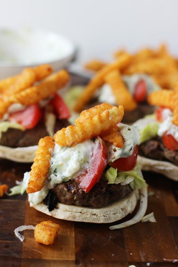 Gyro Burgers with Taziki Sauce and Seasoned French Fries