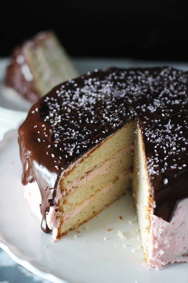 Three Layer Vanilla Cake with Strawberry Swiss Buttercream and Chocolate Glaze 10
