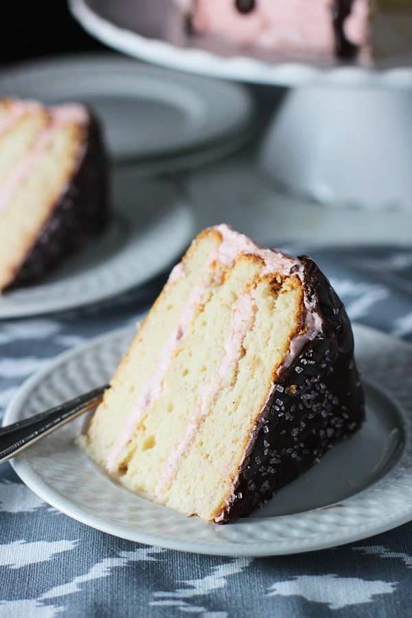 Three Layer Vanilla Cake with Strawberry Swiss Buttercream and Chocolate Glaze 2