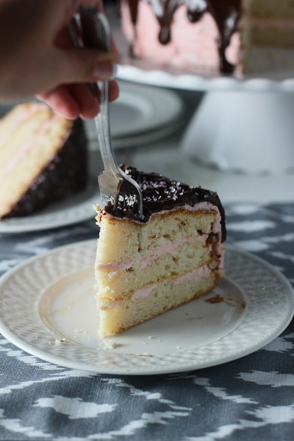 Three Layer Vanilla Cake with Strawberry Swiss Buttercream and Chocolate Glaze 3
