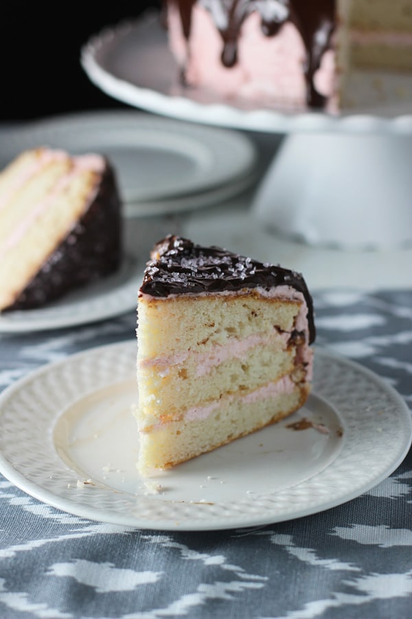 Three Layer Vanilla Cake with Strawberry Swiss Buttercream and Chocolate Glaze 5