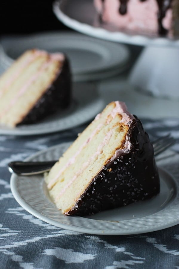 Three Layer Vanilla Cake with Strawberry Swiss Buttercream and Chocolate Glaze 6