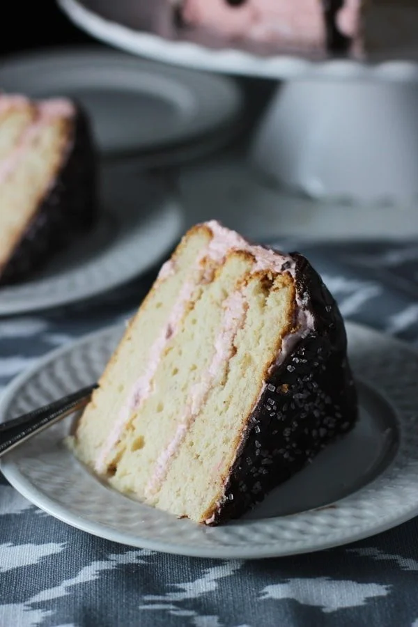 Three Layer Vanilla Cake with Strawberry Swiss Buttercream and Chocolate Glaze 8