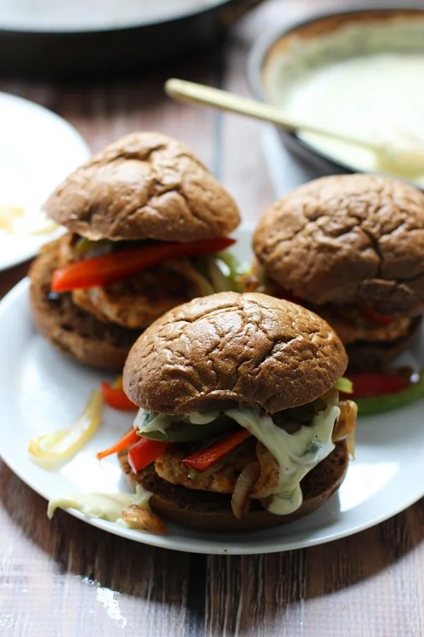 Fajita Chicken Sliders with 3 Ingredient Poblano Queso via cookingforkeeps.com