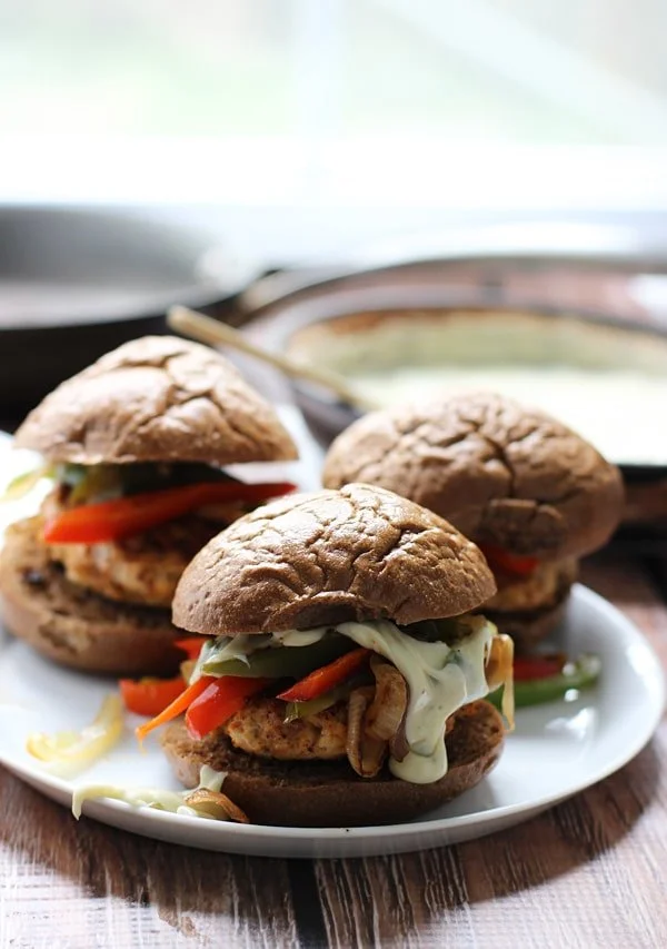 Fajita Chicken Sliders with 3 Ingredient Poblano Queso via cookingforkeeps.com