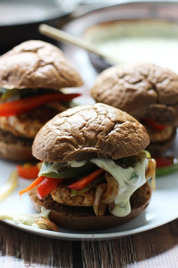 Fajita Chicken Sliders with 3 Ingredient Poblano Queso via cookingforkeeps.com