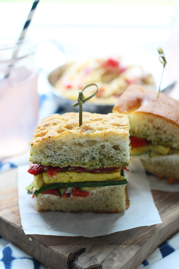 Grilled Veggie Sandwiches with Herbed Cream Cheese and Pesto via cookingforkeeps.com