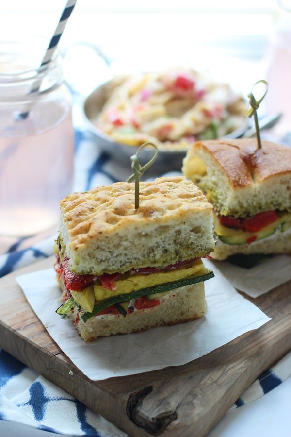 Grilled Veggie Sandwiches with Herbed Cream Cheese and Pesto via cookingforkeeps.com