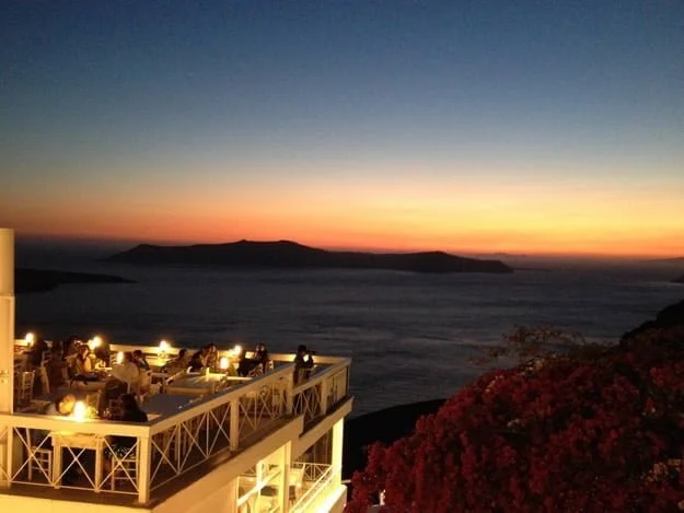 Fira Santorini Greece Sunset via cookingforkeeps.com