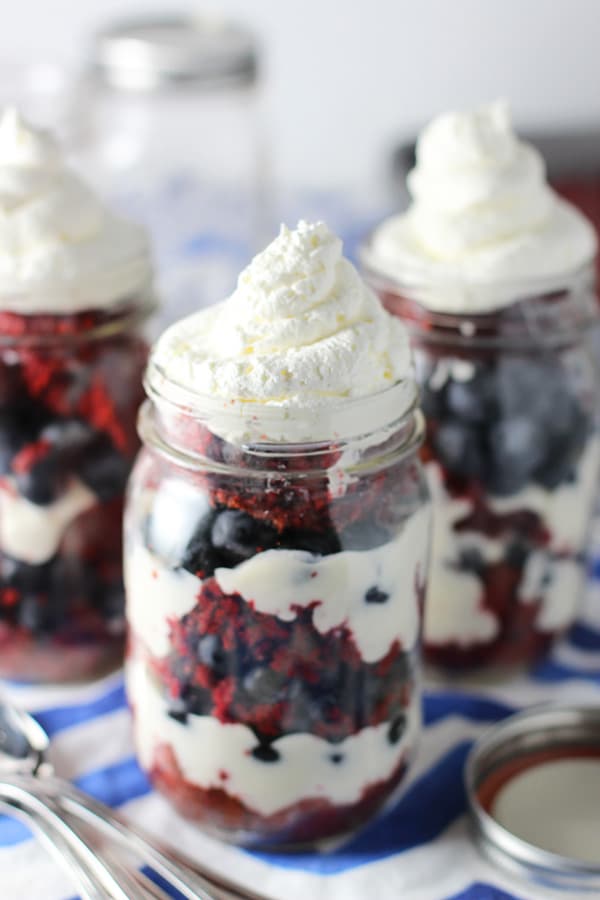 Lightened Up Red Velvet Coconut Trifles with Blueberries and Cheesecake Filling 2