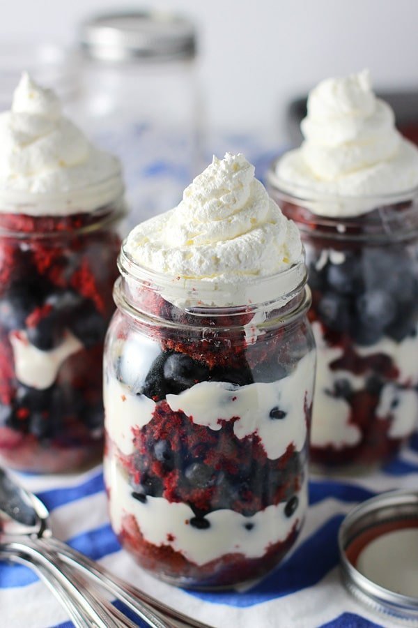 Lightened Up Red Velvet Coconut Trifles with Blueberries and Cheesecake Filling 3