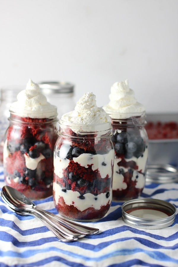Lightened Up Red Velvet Coconut Trifles with Blueberries and Cheesecake Filling 4