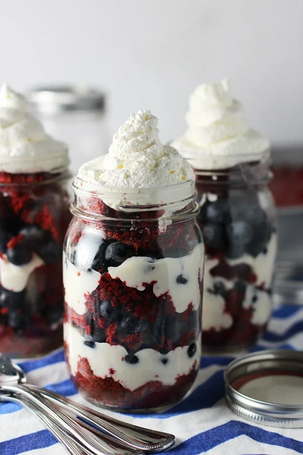 Lightened Up Red Velvet Coconut Trifles with Blueberries and Cheesecake Filling 5